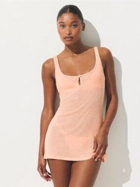 SKIMS sheer Rib/Cotton Mini Slip Dress peach apricot lightweight scoop neck XL/L